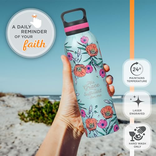 Christian Art Gifts Stainless Steel Insulated Grace is Sufficient Water Bottle - color: Teal/Floral - Sufficient Grace