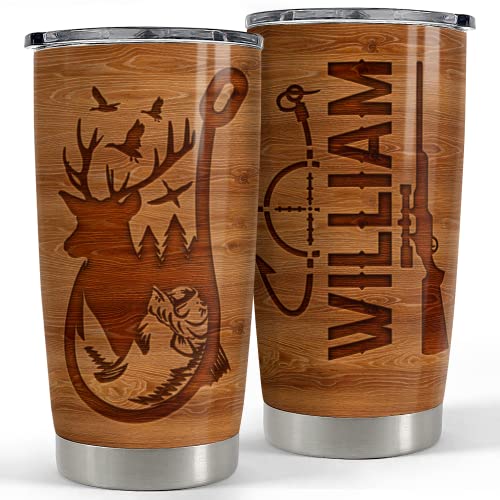 SANDJEST Personalized Hunting Tumbler Fishing and Hunting Love Wood Drawing 20oz 30oz Tumbler with Lid for Father Man Fishing Hunting Lover - color: Hunting