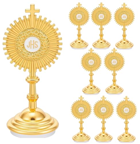 8 Pcs Gold Standing Cross Decor, Catholic Monstrance Statues Table Desk Decor, Standing Crucifix Catholic Home Decor, Jesus Religious Baptism Favors for Guests, First Communion Gifts