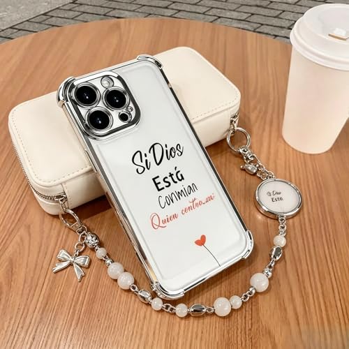 Electroplated Phone Case Compatible with iPhone 17 Pro Max 16 15 14 13 12, Si Dios Esta Conmigo Bible Verse Pattern, Four Corner Shockproof Cover, Women Faith Gift (Silver, iPhone 17 Pro)