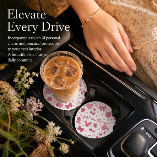 Car Coasters for Cup Holders, Pink Bow Car Coasters Set of 2, B10 - color: Pink Bow