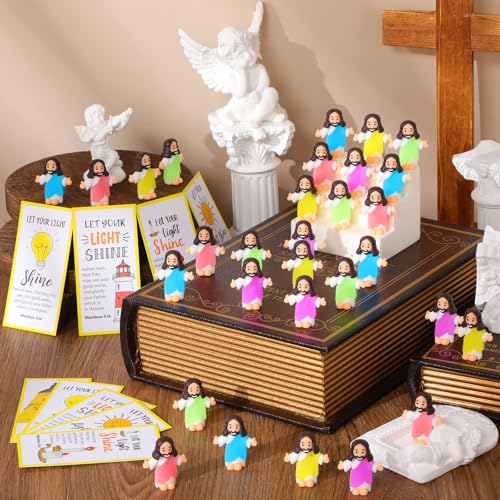 CroBlissful 30 Sets Mini Jesus Figurines Bulk Christian Glow in The Dark with Let Your Light Shine Cards for Christian Sunday School Religious Party Favor Halloween(Open Your Arms) - style: Open Your Arms