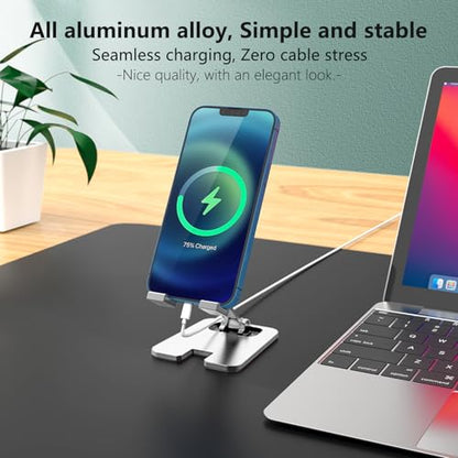 Amzpas Adjustable Cell Phone Stand Metal, Foldable Desktop Cellphone Stand with Anti-Slip Base and Convenient Charging Port, for Phone 17 16 15 14 13 12 11 Pro Xs Xs Max Xr X 8, All Phones - color: Silver