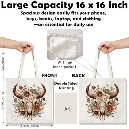 Western Canvas Tote Bag, Western Gift for Women - color: Cow Skull