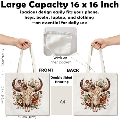 Western Canvas Tote Bag, Western Gift for Women - color: Cow Skull