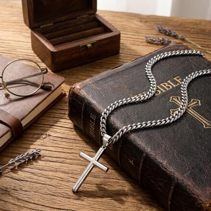 Ringcal Cross Necklace for Men with Gift Box,Silver Gold Stainless Steel Cross Pendant Necklace Mens Crucifix Chain Necklace - color: Silver, size: 18inch