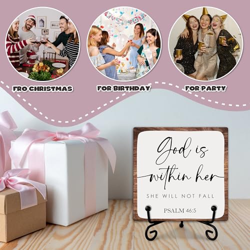 God Is Within Her She Will Not Fall Wooden Sign Decor, Psalm 46:5 Scripture Plaque, Rustic Wooden Plaque Sign With Iron Stand, Christian Home Office Restroom Desk Shelf Decorations - style: Christian