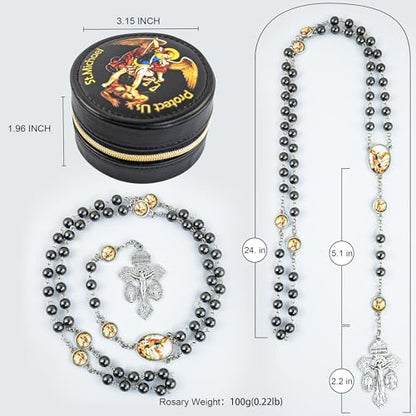 St. Michael the Archangel Catholic Rosary Necklace for Men, 8MM Black Hematite Prayer Beads Packed in Travel Jewelry Box, Rosary Beads Catholic Saints Gifts for Men - color: Hematite