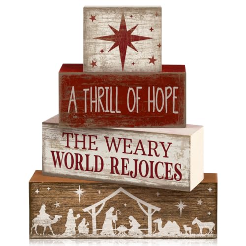 Lineshading 4 Pcs Christmas Table Decorations, Nativity Star Wooden Signs - style: A Thrill of Hope