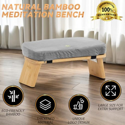 Large Bamboo Meditation Bench, Foldable Prayer Stool(Grey & Bag) - color: Grey & Bag