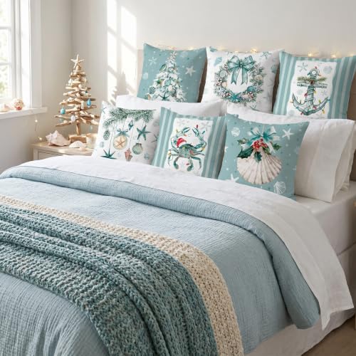 FuWeave 6 Set Christmas Pillow Cover 18 x 18 Inch Coastal Beach Nautical - style: Coastal Christmas