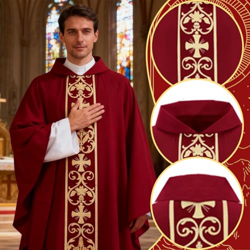 Clergy Vestments Chasuble Cross Robe Priest Cloak Church Mass - color: Red