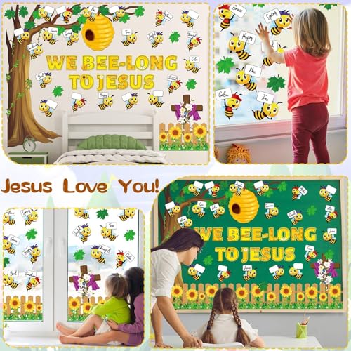 gisgfim Bee Bulletin Board Decoration Set Bee Jesus Religious Borders Cutouts for Classroom Door VBS Christian Sunday School Sunnmer Welcome Bulletin Board Craft Home Wall (We Bee-Long to Jesus) - style: We Bee Long To Jesus