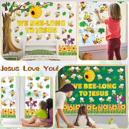 gisgfim Bee Bulletin Board Decoration Set Bee Jesus Religious Borders Cutouts for Classroom Door VBS Christian Sunday School Sunnmer Welcome Bulletin Board Craft Home Wall (We Bee-Long to Jesus) - style: We Bee Long To Jesus