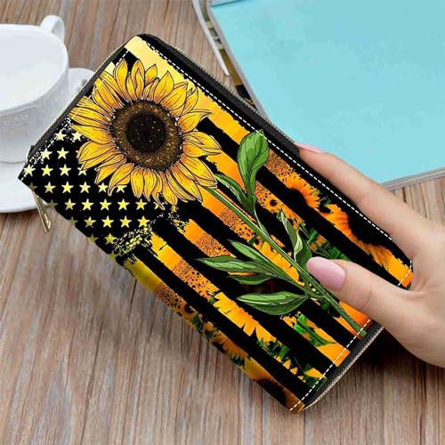 American Flag Sunflower Print Wallet for Women Large Capacity Wallet Credit Card Holder PU Leather Zipper Clutch Purse Phone Wallet - color: American Flag Sunflower