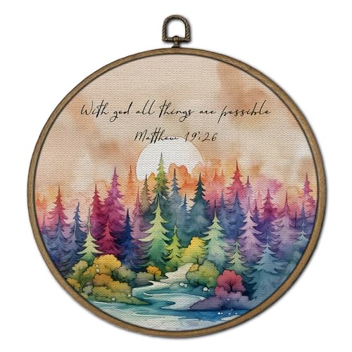 GTYNU Watercolor Forest Christian Round Wall Art Decor,Inspirational Bible Verse Canvas Prints Framed,matthew 19:26 Scripture Circle Wall Hanging Decorations for Home Bedroom Living Room, 10x10 Inch - color: Decor 05a