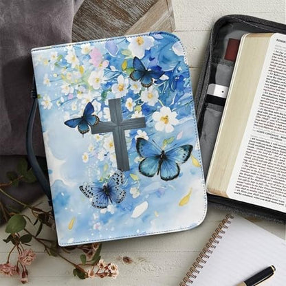 Butterfly Daisy Cross Leather Bible Cover for Men with Handle - color: Blue Butterfly Daisy Cross, size: 2XL