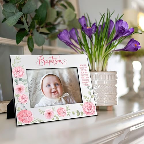 KATE POSH Baptism Picture Frame for Girl, Pink Flowers Decor, Christening, Religisous Gift, From Godparents, New Baby (5x7-Horizontal) - size: 5x7-Horizontal