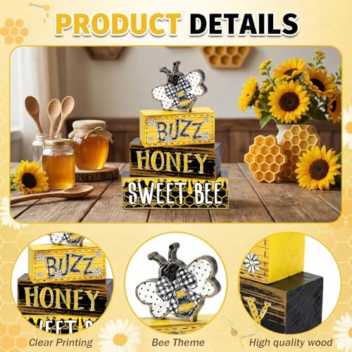 Britimes Tiered Tray Decor Set, 4 Pack, Wooden Table Sign, Daisy Farmhouse - style: Sweet Honey