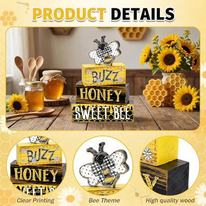 Britimes Tiered Tray Decor Set, 4 Pack, Wooden Table Sign, Daisy Farmhouse - style: Sweet Honey