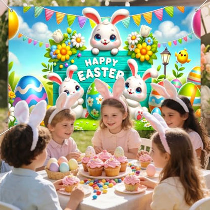 IVN Easter Bunny Banner 71x43 Inch Happy Cute Bunnies Colorful Eggs Flowers - color: Happy Easter Bunny Trio Sign