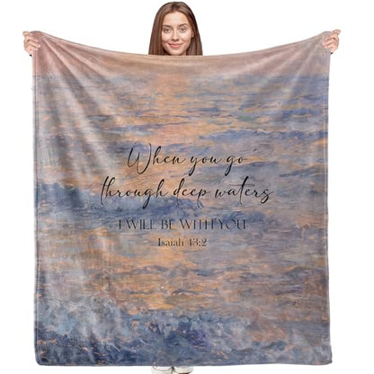 When You Go Through Deep Waters I Will Be with You Christian Throw Blanket, Religious Gifts for Women, Bible Verse Ocean Blanket for Bedroom Living Room Couch Sofa, 50x60 Inches - color: Blue