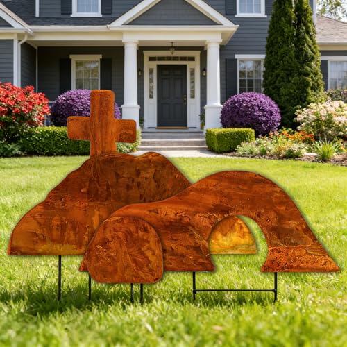 Easter Yard Sign Metal Religious Christian Outdoor Decorations Empty Tomb Easter Scene with Cross Jesus Resurrection Easter Lawn Decorations Garden Patio Porch Church Decor
