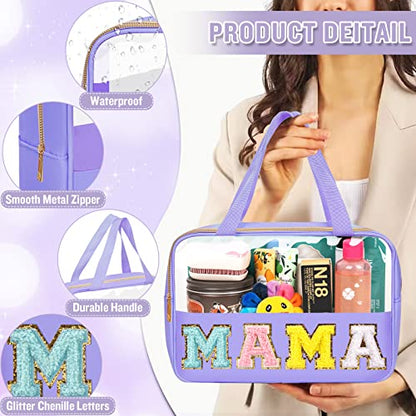 Chenille Letter Clear Makeup Bags Mama Tote, Preppy Patch Makeup Bag Zipper with Handle, Waterproof PVC & Nylon Portable Glitter Large Cosmetic Travel Toiletry Storage Bag for Women Girls(MAMA-Purple) - color: MAMA-Purple