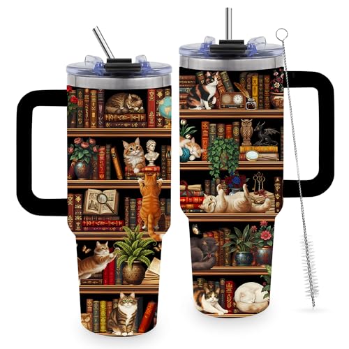 Cat Book Lovers Gifts for Women, 40oz Tumbler with Handle & Straw - color: BookshelfCat-Black