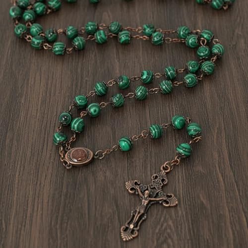 Nazareth Store Natural Stone Beads 8mm Rosary Necklace Antique Copper Design Holy Soil Medal & Cross in Velvet Bag - Catholic Rosaries Terra Santa Jerusalem Collection - color: Malachite