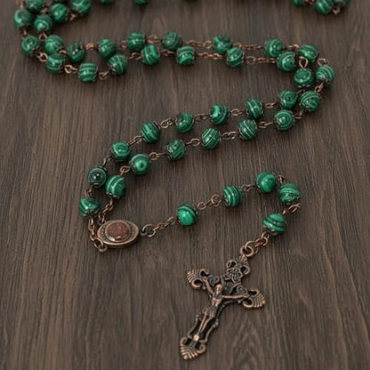 Nazareth Store Natural Stone Beads 8mm Rosary Necklace Antique Copper Design Holy Soil Medal & Cross in Velvet Bag - Catholic Rosaries Terra Santa Jerusalem Collection - color: Malachite