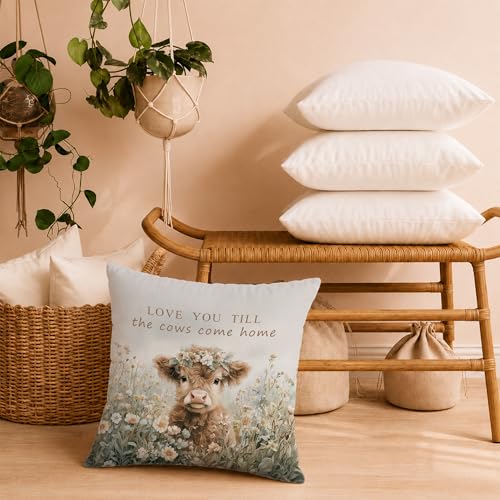 Rustic Floral Highland Cow Pillow Cover 18x18 - color: Highland Cow-1