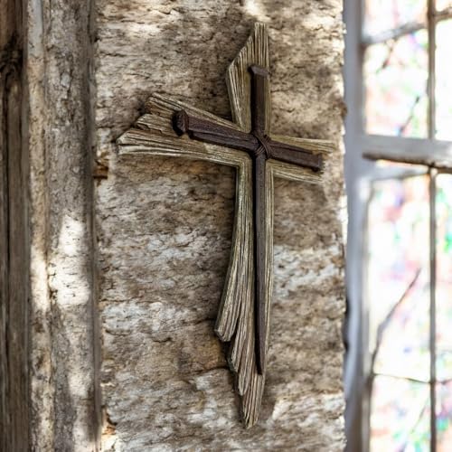 Top Brass Rustic 3-Nail Wall Cross – 12 ½” Resin Christian Cross with Weathered Wood Look and Symbolic Nails of Christ’s Crucifixion – Religious Jesus Crucifix Art
