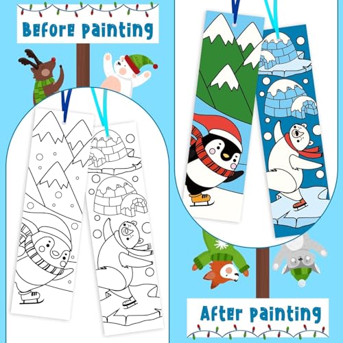 Haooryx Christmas Winter DIY Bookmarks - 75Pcs Color Your Own Polar Animals Bookmarks Creative DIY Penguins Sea Lions Coloring Blank Book Mark Teacher Student Reader Classroom Rewards Paper Art Craft - style: Polar Animal