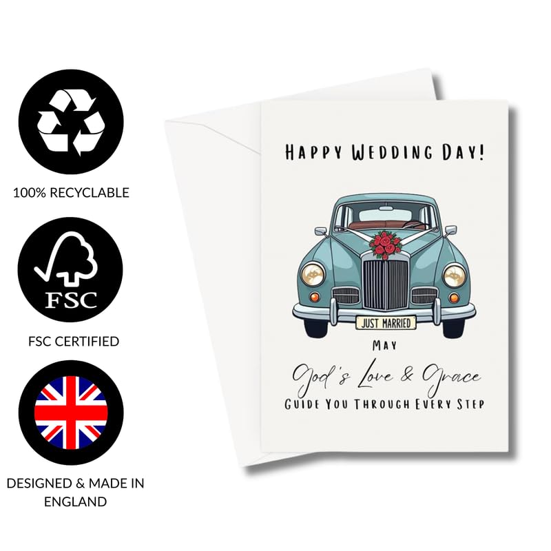 Blessings On Your Wedding Day Card for Bride and Groom | Married Couple In Front of Church Illustration with Bible Verse 1 Corinthians 13:13 | God Writes The Best Love Stories | Christian Couples | Congratulations on your Marriage For Religious Friends an