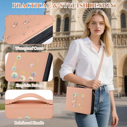 AKONEGE Pink Bible Cover with Handle & Shoulder Strap for Women Girls - color: Pink