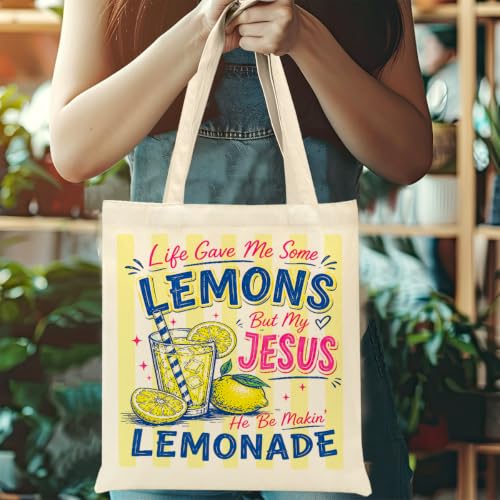 Faith Canvas Tote Bag, Christian Gifts for Women Mama Sister Inspirational Bible Verse Birthday Christmas - color: Lemons 912