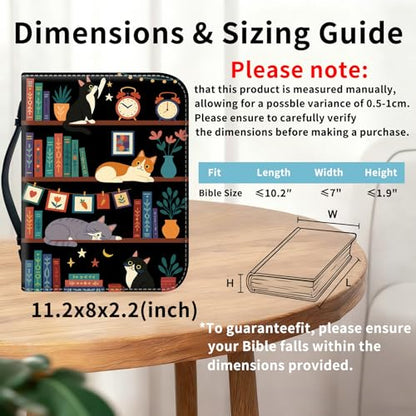 Bible Cover for Women Large PU Leather Zippered Bible Case with Handle and Cat Bookshelf Design, Christian Bible Bag for Girls & Women, Cover Fits Standard 9.5"x7.5"x2.3" Bible - color: Cat Bookshelf