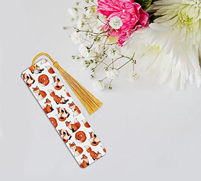 WIRESTER Set of 2 Metal Bookmarks with Light Gold Tassel for Students, Reader, Teachers, Book Lovers - Red Fox Funny Playful Postures, Chicken Pattern - color: Red Fox Funny Playful Postures, Chicken Pattern