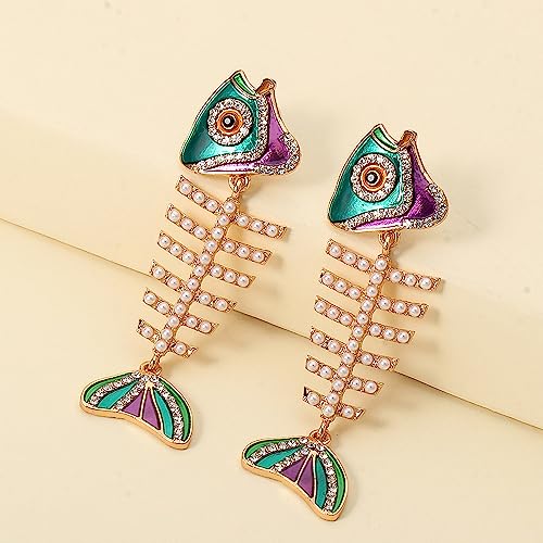 Fish Bone Earrings Drip Oil Animal Earrings Colorful Crystal Sparkly Enamel Earrings Creative Long Fishbone Earstud Dangle Fish Drop Earrings Jewelry for Women - color: Pearl