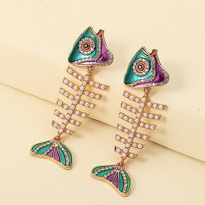 Fish Bone Earrings Drip Oil Animal Earrings Colorful Crystal Sparkly Enamel Earrings Creative Long Fishbone Earstud Dangle Fish Drop Earrings Jewelry for Women - color: Pearl