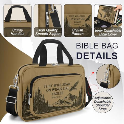 Eagle Bible Cover Case for Men,Large Bible Bag Carrying Case with Strap & Handle Zipper Pocket, Bible Study Supplies Journaling Kit, Pens Highlighters Cross Clips Tabs Christian Gift - color: Eagle