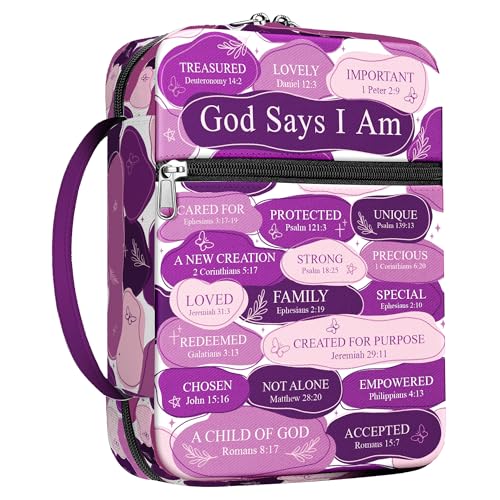 God Says I Am Bible Cover for Women with Handle and Zipper Pocket, Christian Scripture Case for Girls, Inspirational Purple Bible Bag, Fits Standard Size, Faith Gift for Mom, Church - color: Faith Inspiration 25