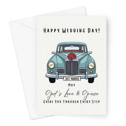 Blessings On Your Wedding Day Card for Bride and Groom | Married Couple In Front of Church Illustration with Bible Verse 1 Corinthians 13:13 | God Writes The Best Love Stories | Christian Couples | Congratulations on your Marriage For Religious Friends an