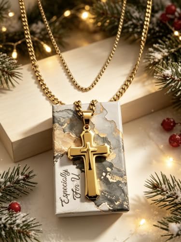 Men's Layered Cross Pendant Necklace, 2.1x1.2 inch Religious Charm, 21.6" 5mm Stainless Steel Cuban Chain, 18K Gold & Black Plated, Bonus 23.6" Square Pearl Chain, Marble Gift Box for Dad - color: Gold