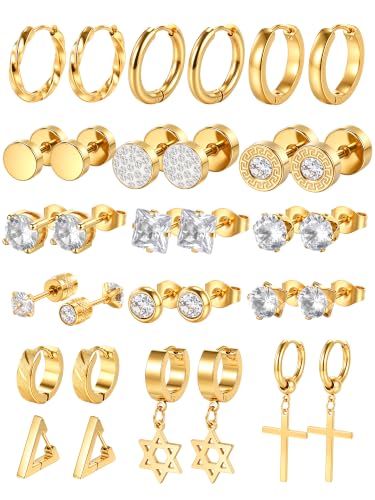 Oveta 16 Pairs 18G 16G Stainless Steel Mens Earrings, Earrings for Men with Studs Hoop Earring Cross Dangle Earrings Hypoallergenic Ear Piercing Jewelry for Men Women, Silver Gold Black - color: Gold