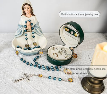 8mm Glass Pearl Catholic Rosary Necklace - Our Lady of Guadalupe Rosary Beads with Prayer Box, First Communion & Baptism Gift for Women and Men (La Rosa de Guadalupe) - color: Green
