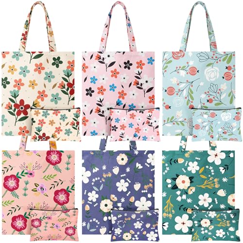 Patelai 12 Pack Floral Flower Tote Bags Gift Set for Women 6 Wildflower Canvas Tote Bags and 6 Vintage Flower Zippered Makeup Bag Reusable Grocery Handbag for Wedding Birthday Travel Baby Shower Party - style: Flower Plant
