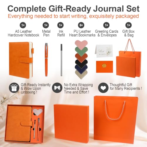 A5 Leather Journal for Women Men, Hardcover Notebook Set with Pen, orange - color: orange