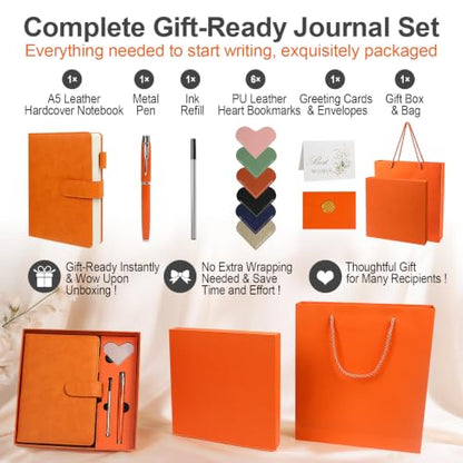 A5 Leather Journal for Women Men, Hardcover Notebook Set with Pen, orange - color: orange